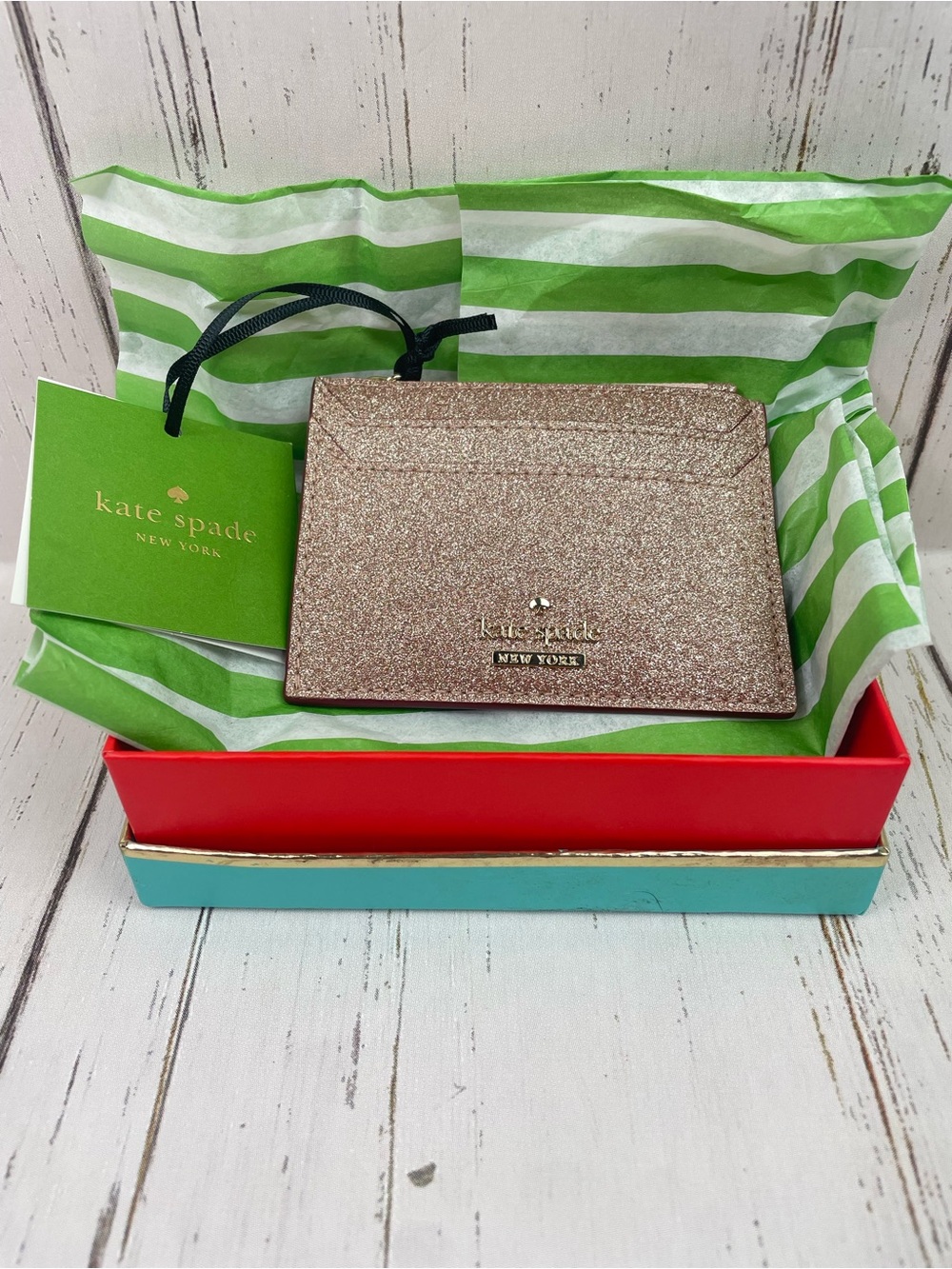 Kate Spade New York Burgess Court Lalena Card Holder *Rose Gold Glitter *NWT